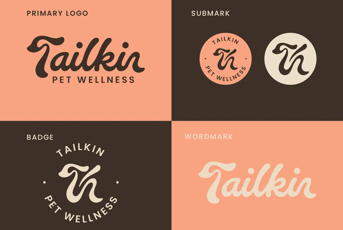Sistem de logo Tailkin: logo primar, submark, badge și wordmark, patru variante ale aceleiași mărci