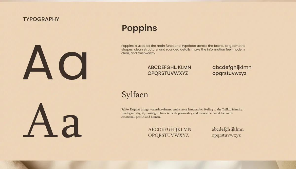 Pagina de tipografie dintr-un manual de brand, cu specimenele fonturilor Poppins și Sylfaen