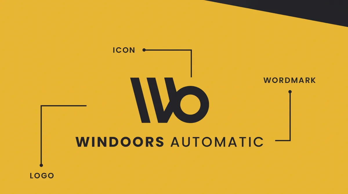 Diagramă care descompune un logo în componentele lui: icon, wordmark și logo-ul complet